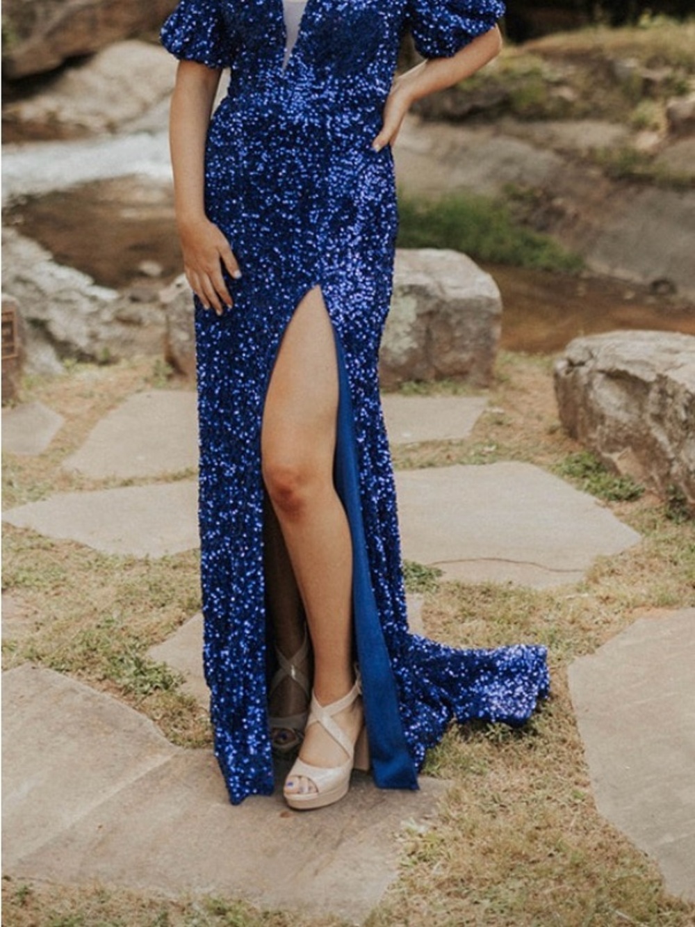 Sherri Hill Sapphire Blue Sequin Gown with Thigh Slit